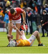 11 June 2022; Neil McManus of Antrim and Alan Connolly of Cork after the GAA Hurling All-Ireland Senior Championship Preliminary Quarter-Final match between Antrim and Cork at Corrigan Park in Belfast. Photo by Ramsey Cardy/Sportsfile