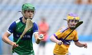 8 June 2022; Darragh O'Brien of St Pius X BNS, left, in action against Jamie Coogan of St Laurence's, Kilmacud, during the Corn Marino final at the Allianz Cumann na mBunscoil Hurling Finals in Croke Park, Dublin. Over 2,800 schools and 200,000 students are set to compete in the primary schools competition this year with finals taking place across the country. Allianz and Cumann na mBunscol are also gifting 500 footballs, 200 hurleys and 200 sliotars to schools across the country to welcome Ukrainian students into our national games and local communities. Photo by Piaras Ó Mídheach/Sportsfile
