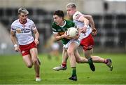 11 June 2022; Cormac Dillon of Kerry in action against Caolan Donnelly of Tyrone during the Electric Ireland GAA Football All-Ireland Minor Championship Quarter-Final match between Tyrone and Kerry at MW Hire O'Moore Park in Portlaoise, Laois. Photo by David Fitzgerald/Sportsfile