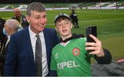 11 June 2022; Republic of Ireland manager Stephen Kenny poses for a selfie with a supporter before the UEFA Nations League B group 1 match between Republic of Ireland and Scotland at the Aviva Stadium in Dublin. Photo by Stephen McCarthy/Sportsfile