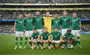 11 June 2022; The Republic of Ireland team, back row, from left, Alan Browne, John Egan, Shane Duffy, Caoimhin Kelleher, Troy Parrott, Nathan Collins, and James McClean. Front row, from left, Jason Knight, Josh Cullen, Jayson Molumby and Michael Obafemi before the UEFA Nations League B group 1 match between Republic of Ireland and Scotland at the Aviva Stadium in Dublin. Photo by Stephen McCarthy/Sportsfile