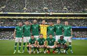 11 June 2022; The Republic of Ireland team, back row, from left, Alan Browne, John Egan, Shane Duffy, Caoimhin Kelleher, Troy Parrott, Nathan Collins, and James McClean. Front row, from left, Jason Knight, Josh Cullen, Jayson Molumby and Michael Obafemi before the UEFA Nations League B group 1 match between Republic of Ireland and Scotland at the Aviva Stadium in Dublin. Photo by Stephen McCarthy/Sportsfile