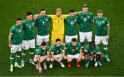 11 June 2022; The Republic of Ireland team, back row, from left, Alan Browne, John Egan, Shane Duffy, Caoimhin Kelleher, Troy Parrott, Nathan Collins, and James McClean. Front row, from left, Jason Knight, Josh Cullen, Jayson Molumby and Michael Obafemi before the UEFA Nations League B group 1 match between Republic of Ireland and Scotland at the Aviva Stadium in Dublin. Photo by Ben McShane/Sportsfile