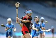 8 June 2022; Caoimhe Phelan of St Olaf's, Sandyford, in action against Amy Lucey of Garran Mhuire, Goatstown, during the Corn Haughey final at the Allianz Cumann na mBunscoil Hurling Finals in Croke Park, Dublin. Over 2,800 schools and 200,000 students are set to compete in the primary schools competition this year with finals taking place across the country. Allianz and Cumann na mBunscol are also gifting 500 footballs, 200 hurleys and 200 sliotars to schools across the country to welcome Ukrainian students into our national games and local communities. Photo by Piaras Ó Mídheach/Sportsfile