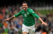 11 June 2022; Troy Parrott of Republic of Ireland celebrates after scoring his side's second goal during the UEFA Nations League B group 1 match between Republic of Ireland and Scotland at the Aviva Stadium in Dublin. Photo by Seb Daly/Sportsfile