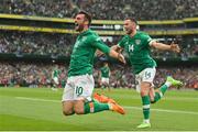 11 June 2022; Troy Parrott of Republic of Ireland celebrates after scoring his side's second goal, with teammate Alan Browne, right, during the UEFA Nations League B group 1 match between Republic of Ireland and Scotland at the Aviva Stadium in Dublin. Photo by Seb Daly/Sportsfile