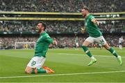 11 June 2022; Troy Parrott of Republic of Ireland celebrates after scoring his side's second goal, with teammate Alan Browne, right, during the UEFA Nations League B group 1 match between Republic of Ireland and Scotland at the Aviva Stadium in Dublin. Photo by Seb Daly/Sportsfile