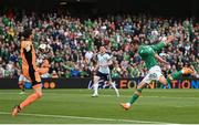 11 June 2022; Troy Parrott of Republic of Ireland scores his side's second goal past Scotland goalkeeper Craig Gordon during the UEFA Nations League B group 1 match between Republic of Ireland and Scotland at the Aviva Stadium in Dublin. Photo by Stephen McCarthy/Sportsfile