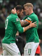 11 June 2022; Troy Parrott of Republic of Ireland, left, is congratulated by James McClean after scoring their side's second goal during the UEFA Nations League B group 1 match between Republic of Ireland and Scotland at the Aviva Stadium in Dublin. Photo by Seb Daly/Sportsfile