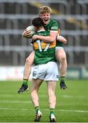 11 June 2022; Jack Clifford, top, and Pádraig Moynihan of Kerry celebrate after the Electric Ireland GAA Football All-Ireland Minor Championship Quarter-Final match between Tyrone and Kerry at MW Hire O'Moore Park in Portlaoise, Laois. Photo by David Fitzgerald/Sportsfile