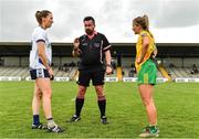 11 June 2022; Referee Seamus Mulvihill makes the toss watched by captains Karen McGrath of Waterford, left, and Niamh McLaughlin of Donegal during the TG4 All-Ireland Ladies Football Senior Championship Group D - Round 1 match between Donegal and Waterford at St Brendan's Park in Birr, Offaly. Photo by Sam Barnes/Sportsfile
