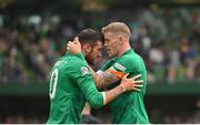 11 June 2022; Troy Parrott of Republic of Ireland, left, celebrates with teammate James McClean after scoring their side's second goal during the UEFA Nations League B group 1 match between Republic of Ireland and Scotland at the Aviva Stadium in Dublin. Photo by Seb Daly/Sportsfile