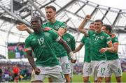 11 June 2022; Michael Obafemi of Republic of Ireland celebrates after scoring his side's third goal during the UEFA Nations League B group 1 match between Republic of Ireland and Scotland at the Aviva Stadium in Dublin. Photo by Stephen McCarthy/Sportsfile