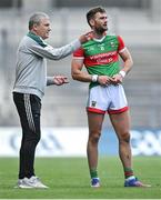 11 June 2022; Mayo manager James Horan in conversation with Aidan O’Shea of Mayo during the GAA Football All-Ireland Senior Championship Round 2 match between Mayo and Kildare at Croke Park in Dublin. Photo by Piaras Ó Mídheach/Sportsfile