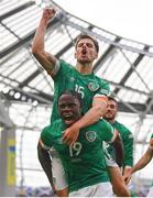 11 June 2022; Michael Obafemi of Republic of Ireland celebrates with Jayson Molumby after scoring their side's third goal during the UEFA Nations League B group 1 match between Republic of Ireland and Scotland at the Aviva Stadium in Dublin. Photo by Stephen McCarthy/Sportsfile