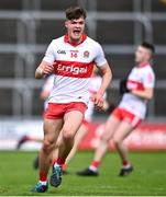 11 June 2022; Ciaran Chambers of Derry celebrates after kicking a point during the Electric Ireland GAA Football All-Ireland Minor Championship Quarter-Final match between Cork and Derry at MW Hire O'Moore Park in Portlaoise, Laois. Photo by David Fitzgerald/Sportsfile