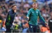 11 June 2022; Republic of Ireland manager Stephen Kenny, right, and Republic of Ireland coach John Eustace during the UEFA Nations League B group 1 match between Republic of Ireland and Scotland at the Aviva Stadium in Dublin. Photo by Stephen McCarthy/Sportsfile