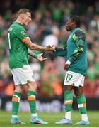 11 June 2022; James McClean, left, and Michael Obafemi of Republic of Ireland after their side's victory in the UEFA Nations League B group 1 match between Republic of Ireland and Scotland at the Aviva Stadium in Dublin. Photo by Eóin Noonan/Sportsfile