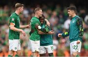 11 June 2022; Republic of Ireland players, from left, Nathan Collins, James McClean, Michael Obafemi and Darragh Lenihan after their side's victory in the UEFA Nations League B group 1 match between Republic of Ireland and Scotland at the Aviva Stadium in Dublin. Photo by Eóin Noonan/Sportsfile