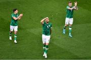 11 June 2022; Republic of Ireland players, from left, Josh Cullen, Shane Duffy and James McClean after their side's victory in the UEFA Nations League B group 1 match between Republic of Ireland and Scotland at the Aviva Stadium in Dublin. Photo by Ben McShane/Sportsfile