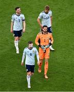 11 June 2022; Scotland players, from left, Andy Robertson, Callum McGregor, Craig Gordon and Stuart Armstrong after their side's defeat in the UEFA Nations League B group 1 match between Republic of Ireland and Scotland at the Aviva Stadium in Dublin. Photo by Ben McShane/Sportsfile
