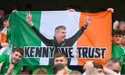 11 June 2022; Republic of Ireland supporters hold up a banner that reads &quot;In Kenny We Trust&quot; afte the UEFA Nations League B group 1 match between Republic of Ireland and Scotland at the Aviva Stadium in Dublin. Photo by Seb Daly/Sportsfile