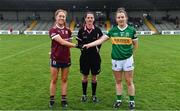 11 June 2022; Captains Sarah Ní Loingsigh of Galway and Anna Galvin of Kerry shake hands infront of referee Maggie Farrelly before the TG4 All-Ireland Ladies Football Senior Championship Group C - Round 1 match between Kerry and Galway at St Brendan's Park in Birr, Offaly. Photo by Sam Barnes/Sportsfile