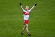 11 June 2022; Fionn McEldowney of Derry celebrates after the Electric Ireland GAA Football All-Ireland Minor Championship Quarter-Final match between Cork and Derry at MW Hire O'Moore Park in Portlaoise, Laois. Photo by David Fitzgerald/Sportsfile