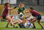 11 June 2022; Louise Ní Mhuircheartaigh  of Kerry in action against Galway players Sarah Ní Loingsigh, left, Kate Geraghty, right, and Galway goalkeeper Alanah Grffin during the TG4 All-Ireland Ladies Football Senior Championship Group C - Round 1 match between Kerry and Galway at St Brendan's Park in Birr, Offaly. Photo by Sam Barnes/Sportsfile