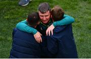 11 June 2022; Republic of Ireland manager Stephen Kenny, centre, celebrates with chartered physiotherapists Kevin Mulholland, left, and Danny Miller after their side's victory in the UEFA Nations League B group 1 match between Republic of Ireland and Scotland at the Aviva Stadium in Dublin. Photo by Ben McShane/Sportsfile