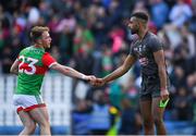11 June 2022; Darren McHale of Mayo and Kildare goalkeeper Aaron O'Neill shake hands after the GAA Football All-Ireland Senior Championship Round 2 match between Mayo and Kildare at Croke Park in Dublin. Photo by Ray McManus/Sportsfile