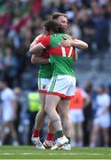 11 June 2022; Mayo players Pádraig O'Hora and Darren McHale celebrate after the GAA Football All-Ireland Senior Championship Round 2 match between Mayo and Kildare at Croke Park in Dublin. Photo by Ray McManus/Sportsfile