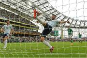 11 June 2022; Grant Hanley of Scotland clears the ball off the line after a goal-bound header from Republic of Ireland's Scott Hogan during the UEFA Nations League B group 1 match between Republic of Ireland and Scotland at the Aviva Stadium in Dublin. Photo by Seb Daly/Sportsfile