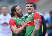 11 June 2022; Mayo players Pádraig O'Hora, left, and Jordan Flynn celebrate after their side's victory in the GAA Football All-Ireland Senior Championship Round 2 match between Mayo and Kildare at Croke Park in Dublin. Photo by Piaras Ó Mídheach/Sportsfile