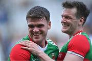 11 June 2022; Mayo players Jordan Flynn, left, Matthew Ruane celebrate after their side's victory in the GAA Football All-Ireland Senior Championship Round 2 match between Mayo and Kildare at Croke Park in Dublin. Photo by Piaras Ó Mídheach/Sportsfile