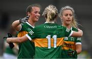 11 June 2022; Kerry players, from left, Paris McCarthy, Niamh Carmody and Clódagh Ní Chonchúir celebrate after their side's victory in the TG4 All-Ireland Ladies Football Senior Championship Group C - Round 1 match between Kerry and Galway at St Brendan's Park in Birr, Offaly. Photo by Sam Barnes/Sportsfile