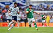 11 June 2022; Scott Hogan of Republic of Ireland in action against Scott McKenna of Scotland during the UEFA Nations League B group 1 match between Republic of Ireland and Scotland at the Aviva Stadium in Dublin. Photo by Seb Daly/Sportsfile