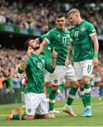 11 June 2022; Troy Parrott of Republic of Ireland, left, celebrates after scoring his side's second goal during the UEFA Nations League B group 1 match between Republic of Ireland and Scotland at the Aviva Stadium in Dublin. Photo by Seb Daly/Sportsfile