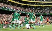 11 June 2022; Troy Parrott of Republic of Ireland, centre, celebrates after scoring his side's second goal during the UEFA Nations League B group 1 match between Republic of Ireland and Scotland at the Aviva Stadium in Dublin. Photo by Seb Daly/Sportsfile