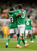 11 June 2022; Troy Parrott of Republic of Ireland, right, is congratulated by teammate Michael Obafemi of Republic of Ireland after scoring their side's second goal during the UEFA Nations League B group 1 match between Republic of Ireland and Scotland at the Aviva Stadium in Dublin. Photo by Seb Daly/Sportsfile