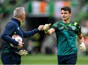 11 June 2022; Republic of Ireland goalkeeper Max O'Leary and goalkeeping coach Dean Kiely before the UEFA Nations League B group 1 match between Republic of Ireland and Scotland at the Aviva Stadium in Dublin. Photo by Stephen McCarthy/Sportsfile