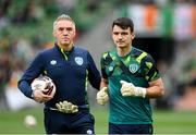 11 June 2022; Republic of Ireland goalkeeper Max O'Leary and goalkeeping coach Dean Kiely before the UEFA Nations League B group 1 match between Republic of Ireland and Scotland at the Aviva Stadium in Dublin. Photo by Stephen McCarthy/Sportsfile
