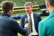 11 June 2022; Republic of Ireland manager Stephen Kenny speaks to FAI TV before the UEFA Nations League B group 1 match between Republic of Ireland and Scotland at the Aviva Stadium in Dublin. Photo by Stephen McCarthy/Sportsfile