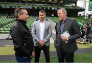 11 June 2022; RTÉ's Peter Collins, left, with former Republic of Ireland goalkeepers Shay Given and Packie Bonner, right, before the UEFA Nations League B group 1 match between Republic of Ireland and Scotland at the Aviva Stadium in Dublin. Photo by Stephen McCarthy/Sportsfile