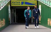 11 June 2022; Republic of Ireland coach Stephen Rice and CJ Hamilton, right, before the UEFA Nations League B group 1 match between Republic of Ireland and Scotland at the Aviva Stadium in Dublin. Photo by Stephen McCarthy/Sportsfile