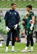 11 June 2022; Republic of Ireland goalkeepers Mark Travers, left, and Max O'Leary before the UEFA Nations League B group 1 match between Republic of Ireland and Scotland at the Aviva Stadium in Dublin. Photo by Seb Daly/Sportsfile