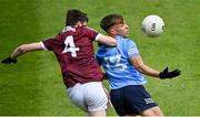 12 June 2022; Joe Quigley of Dublin in action against Vinny Gill of Galway during the Electric Ireland GAA Football All-Ireland Minor Championship Quarter-Final match between Dublin and Galway at O'Connor Park in Tullamore, Offaly. Photo by Piaras Ó Mídheach/Sportsfile