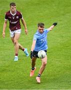 12 June 2022; Joe Quigley of Dublin shoots as Jack Longergan of Galway looks on during the Electric Ireland GAA Football All-Ireland Minor Championship Quarter-Final match between Dublin and Galway at O'Connor Park in Tullamore, Offaly. Photo by Piaras Ó Mídheach/Sportsfile