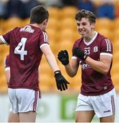 12 June 2022; Olan Kelly of Galway, right, celebrates with teammate Vinny Gill after their side's victory in the Electric Ireland GAA Football All-Ireland Minor Championship Quarter-Final match between Dublin and Galway at O'Connor Park in Tullamore, Offaly. Photo by Piaras Ó Mídheach/Sportsfile