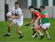 12 June 2022; Ross Harris of Kildare in action against Mayo players Jack Keane and Dara Hurley, 11, during the Electric Ireland GAA Football All-Ireland Minor Championship Quarter-Final match between Mayo and Kildare at O'Connor Park in Tullamore, Offaly. Photo by Piaras Ó Mídheach/Sportsfile